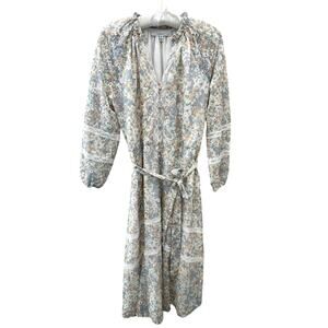 ADELYN RAE Floral Midi Dress Blue Beige Lace Tie Waist Long Sleeve | Medium